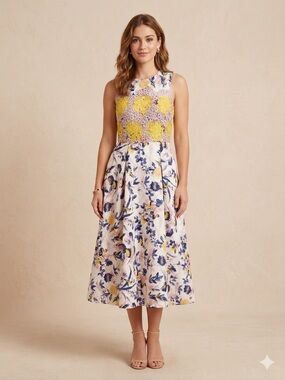 LK Bennett Sz 4 Floral Lace Cottagecore Cotton Silk Midi Dress